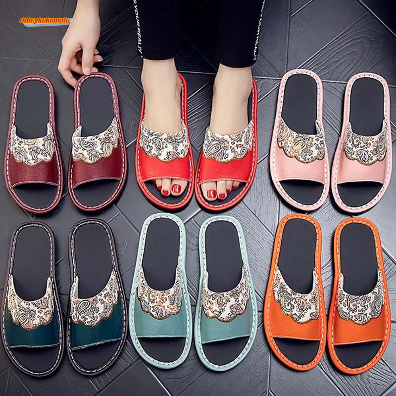 Genuine Leather Cowhide Men Women's Summer Flats Beach Light Designer Shoes Comfortable Couple Slippers ddmykukumalu