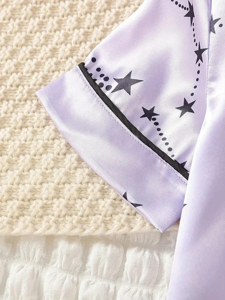 2-piece girls comfortable pajamas family suit star print V-neck button short-sleeved blouse and elastic waist shorts children sp 250407