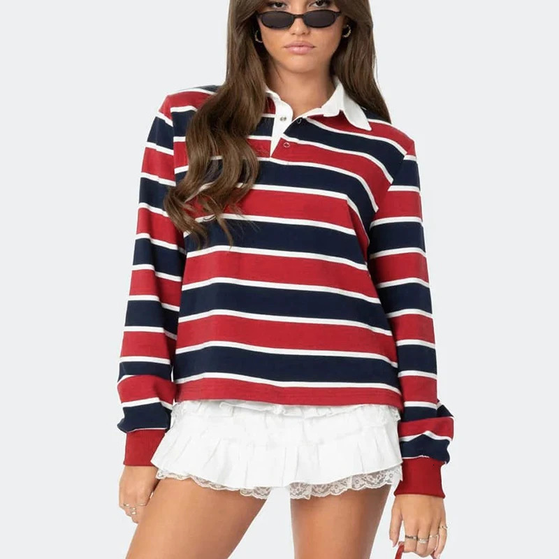 CUTENOVA Autumn Striped Polo Shirt Womens Fashionable Long Sleeve Sportwear Harajuku Pullover Casual Wear Base Shirt 250408