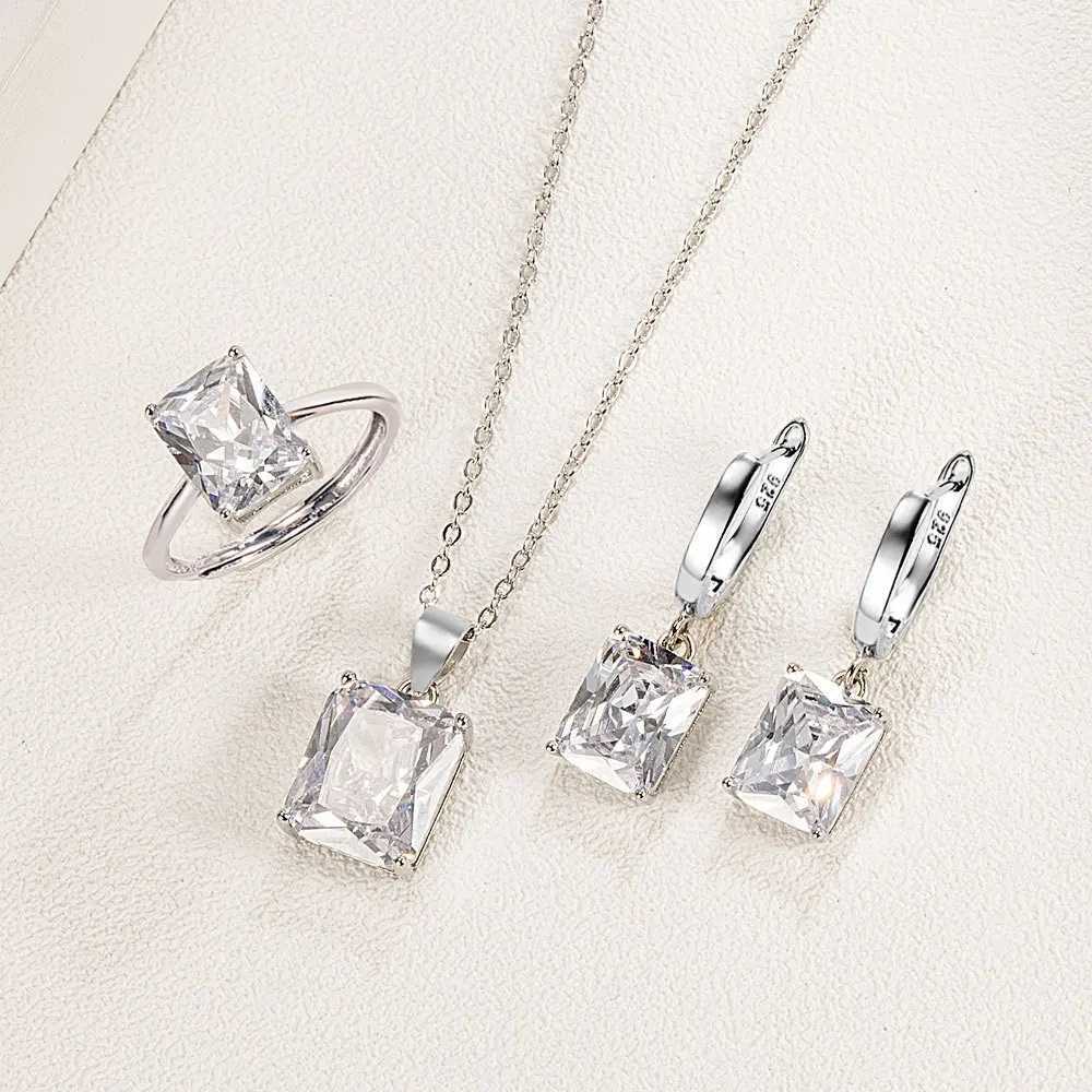 925 sterling silver elegant jewelry set ring earring necklace suitable for womens rectangular geometric zircon wedding accessories Y250408