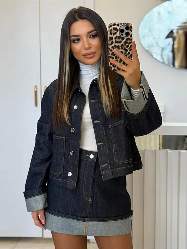 Denim Coat Mini Skirt Women 2 Piece Set Lapel Long Sleeve Button Pocket Jacket A-line Skirts Suit Lady 2025 Spring Street Outfit 250408
