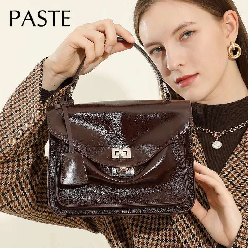 New Vintage England Style Small Sactchel Tote Wine Red Sier Color Glossy Oil Wax Cowhide Leather Women Messenger Bag