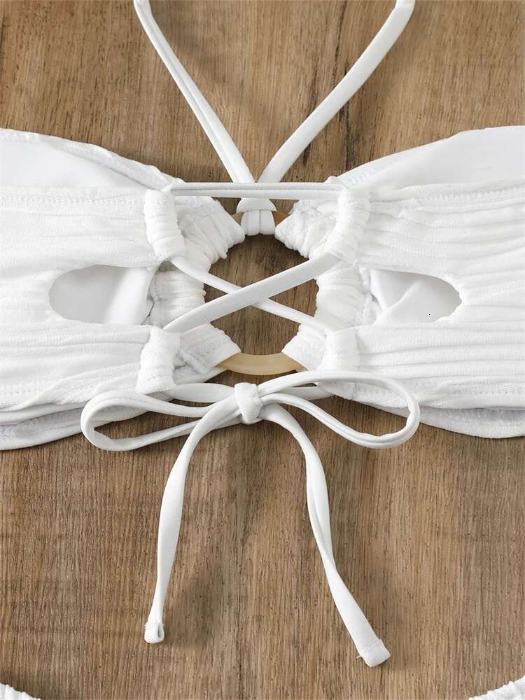 Dongdumaoyi Sexy Bikini Women White Ring Linked Hollow Out Push Up Micro Swimsuit Brazilian Bandeau Bathing Suit Bandage Thong Swimwear