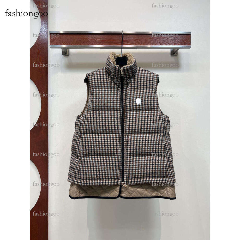 Winter New Women's Retro Plaid Stand Collar Down Vest with Fleece Lined Collar Patchwork Design Autumn Winter Warm Slimming Brand Logo Sleeveless Jacket