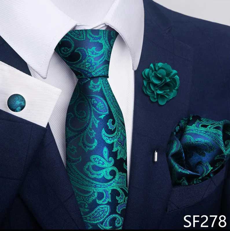 Luxury Mens Ties Floral Black Gold Ties Paisley NeckTie Pocket Square Cufflinks Brooch Set Mens Wedding Party Tie X2504071