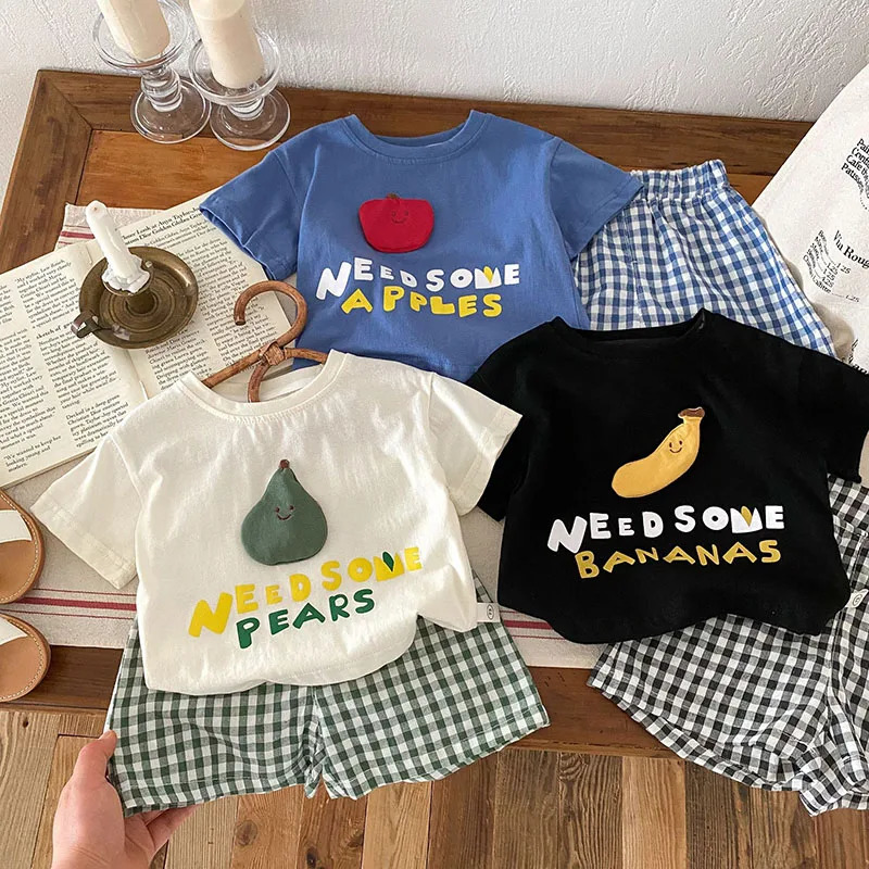 Summer Kids Clothes Set Children Cute Fruit T-shirt Checkered Shorts Boys Letter Outwear 2PCS 250407
