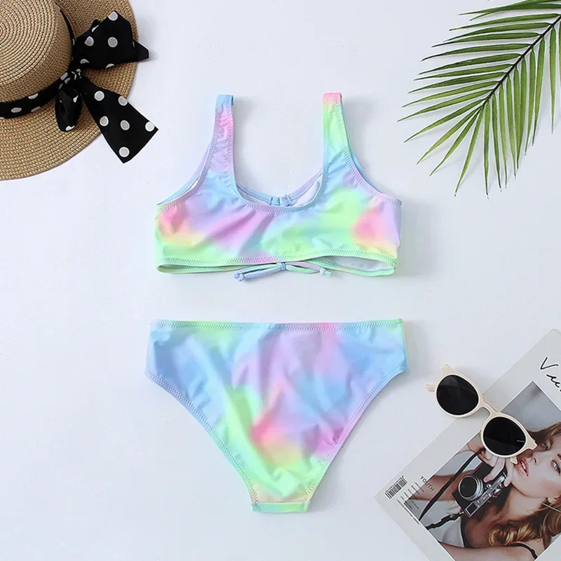 Tie dye girl swimsuit children 716 years old twopiece childrens ruffled front bikini set youth 250408