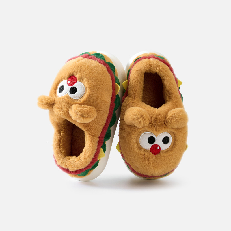 Hamburger cotton slippers for couples, autumn and winter new cartoon cute fur slippers, indoor home with plush warm cotton slippers