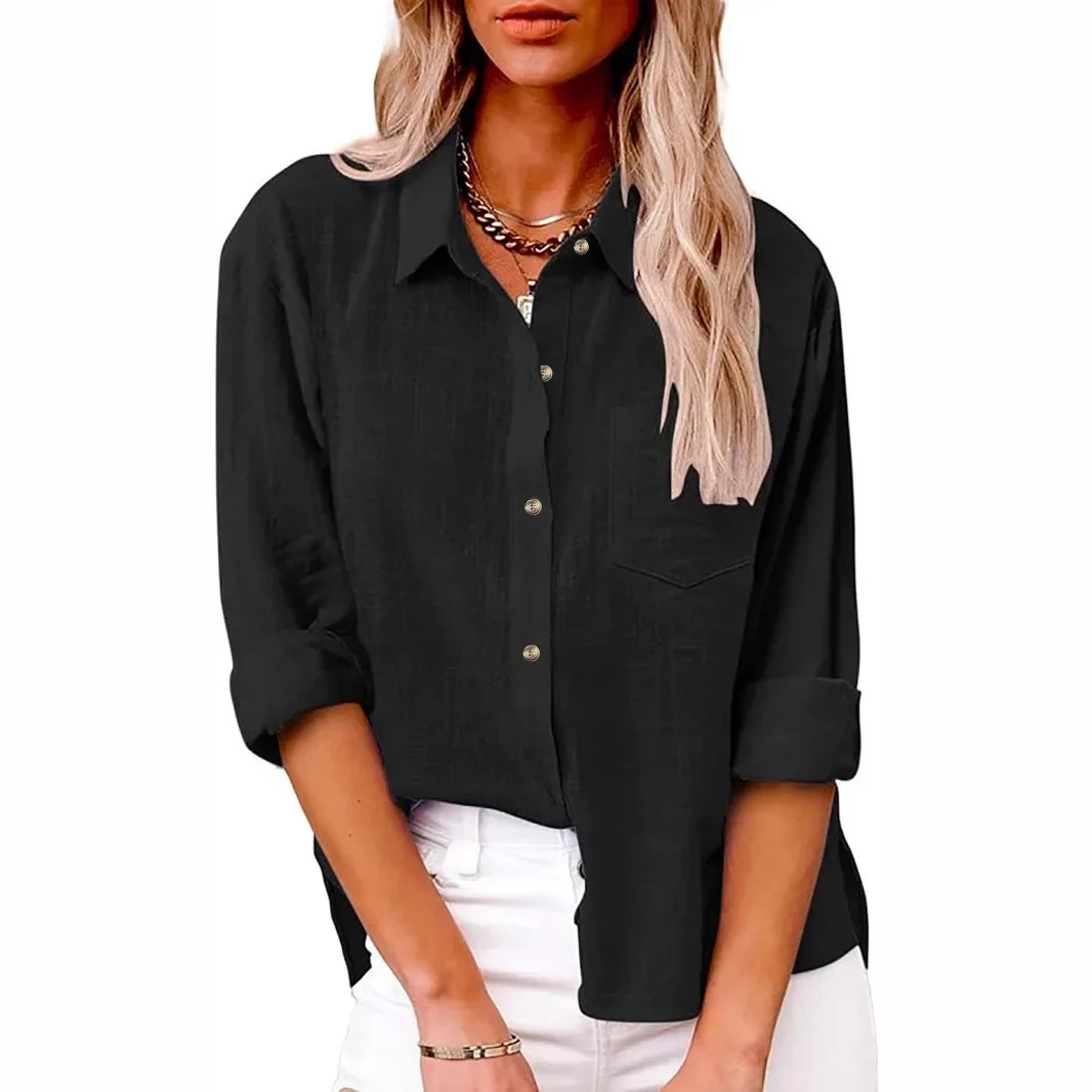 Spring Autumn Cotton Linen Shirt Womens Long Sleeve Pocket Side Slit Clothing 250408