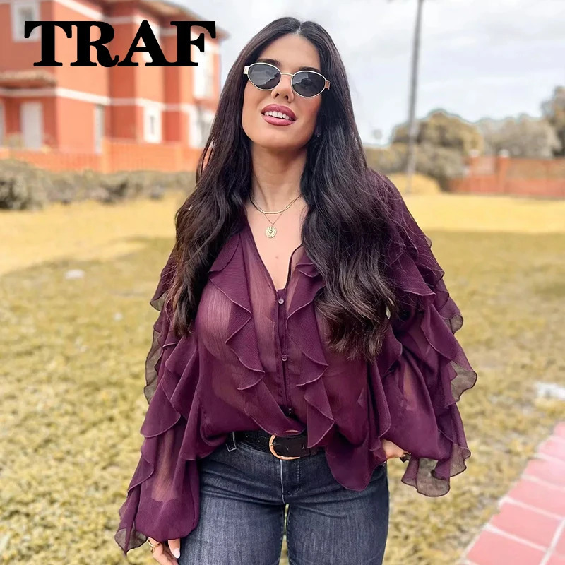 TRAF Woman Rucffles Shirt Sexy Semi-Transparent Loose Shirts for Women V-Neck Long Sleeve Womens Casual Shirt And Blouses Top 250408