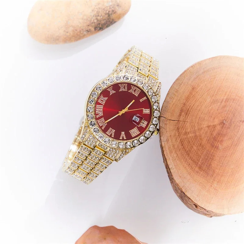 Business Mens Faux Diamond-studded Steel Strap Watch Fashion Hip-hop Street Culture Cuban Bracelet 251107