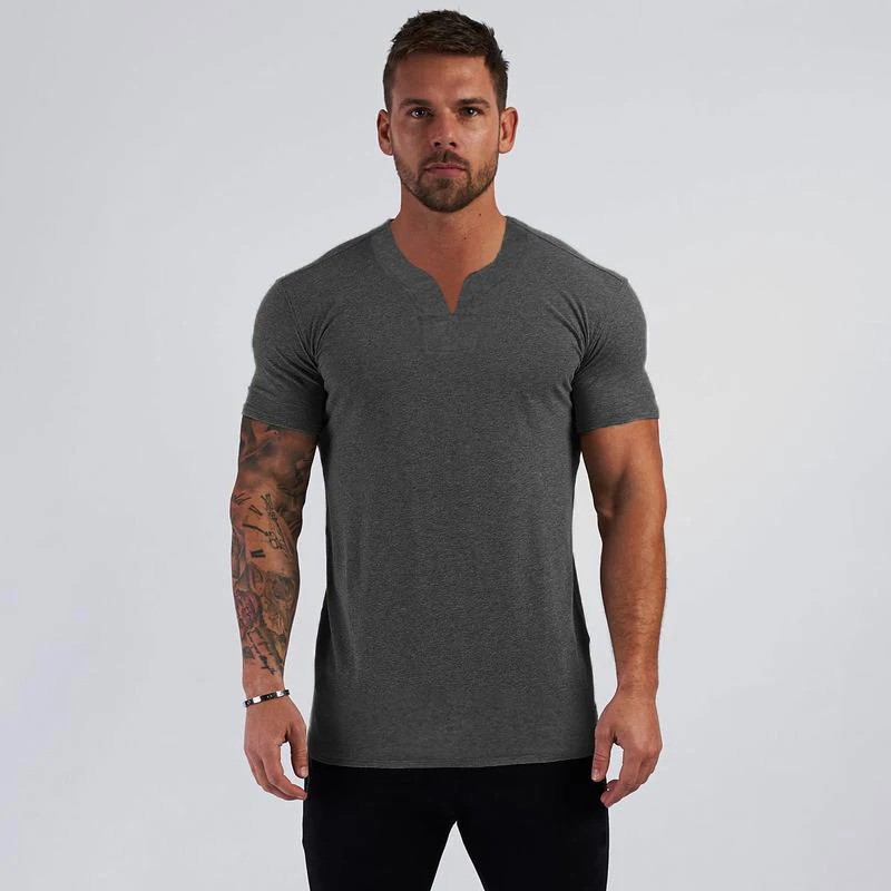 Summer mini V-neck short sleeved mens slim fit T-shirt sports and leisure gym clothing fitness T-shirt 250402