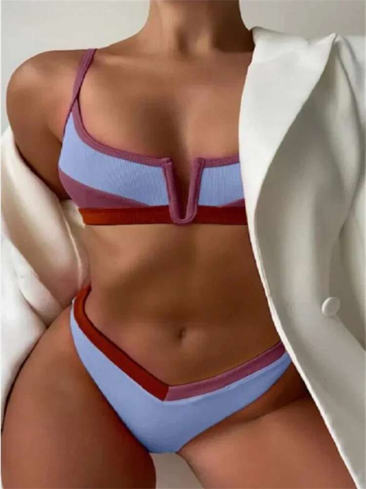 Dongdumaoyi Sexy Orange Patchwork Bikini Set Women V Neck Bra Thong Swimsuit Summer Bathing Suit Striped Micro Swimwear Traje De Ba O