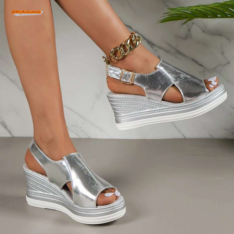 2024 Summer Peep Toe Platform Sandles Woman Plus Size Thick Sole Sandalias Mujer Gold Sier PU Leather Wedge Sandals for Women ddmykukumalu
