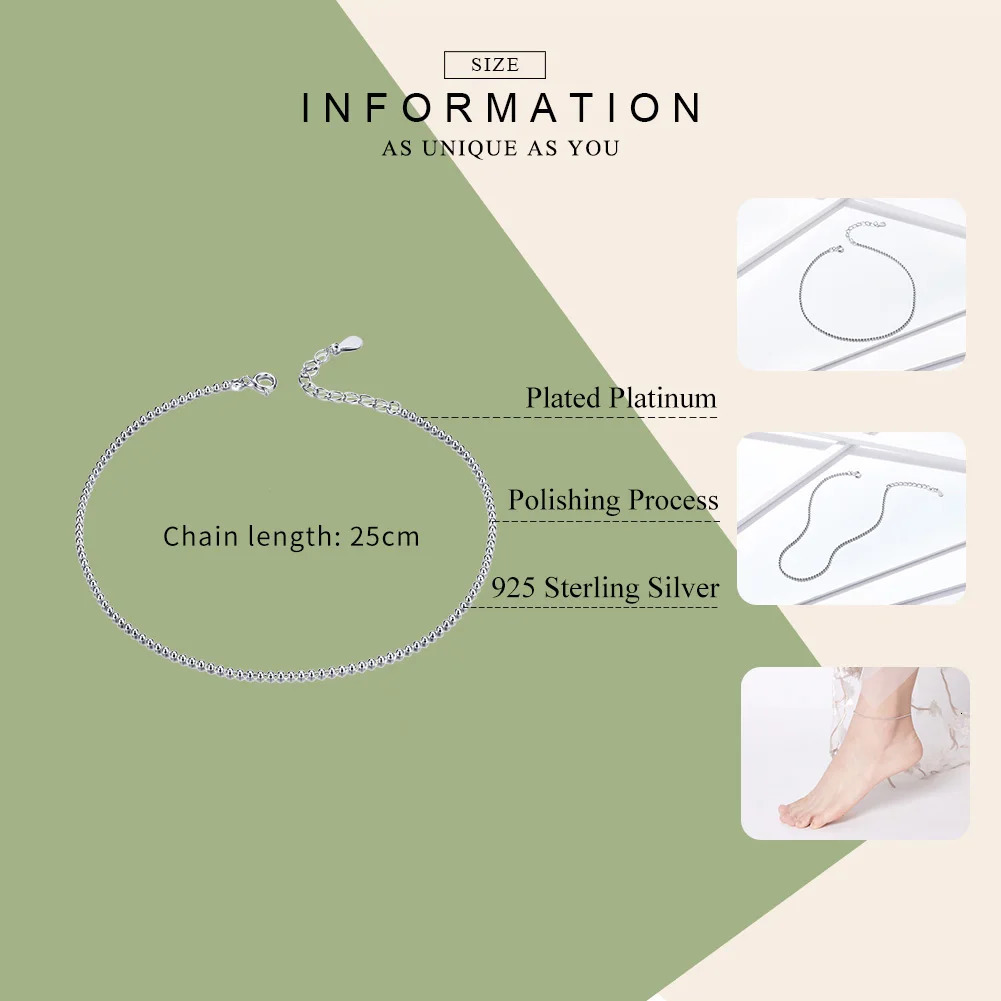 Simple Essential Bead Link Anklets 925 Sterling Silver Bracelet for Foot Jewelry Silver Female Leg Chain SCT002 250403
