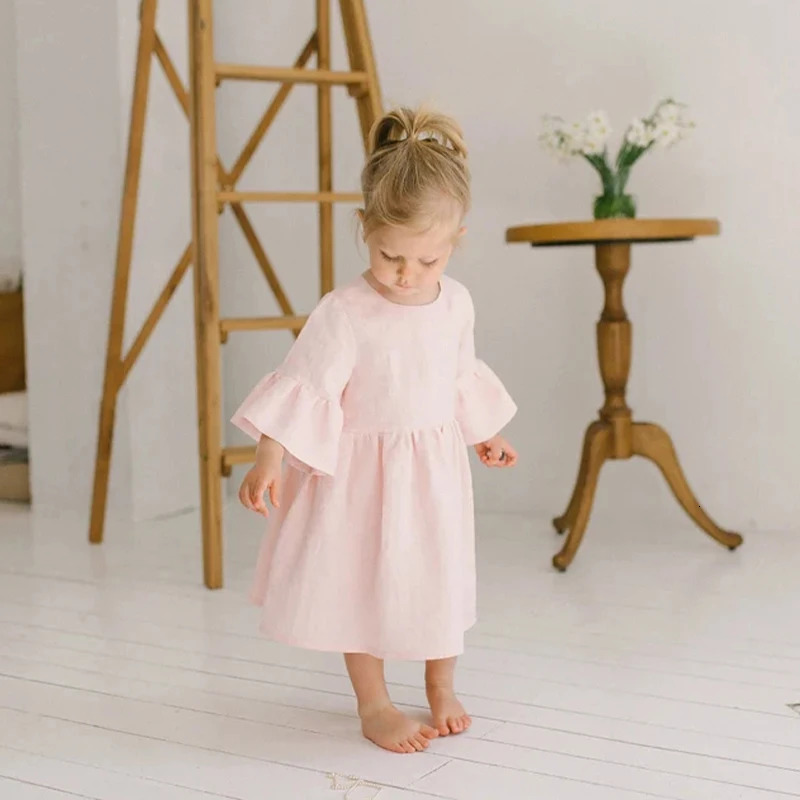 Girls Sweet Cute Cotton And Linen Dress Summer Baby Kids Flare Sleeve Casual Pink Princess Dresses Toddler Girl Clothes 250408