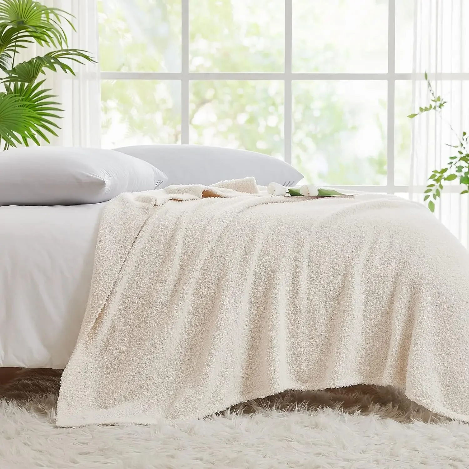 Knit Throw Blanket for Couch Cream White - Super Soft Lightweight Plush Fuzzy Fluffy Cozy Blankets 50 x 60 inches 250408