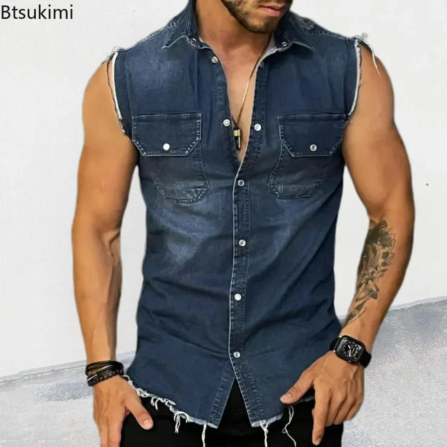 mens summer denim vest with lapel pockets sleeveless hiphop jeans jacket muscular top 250407