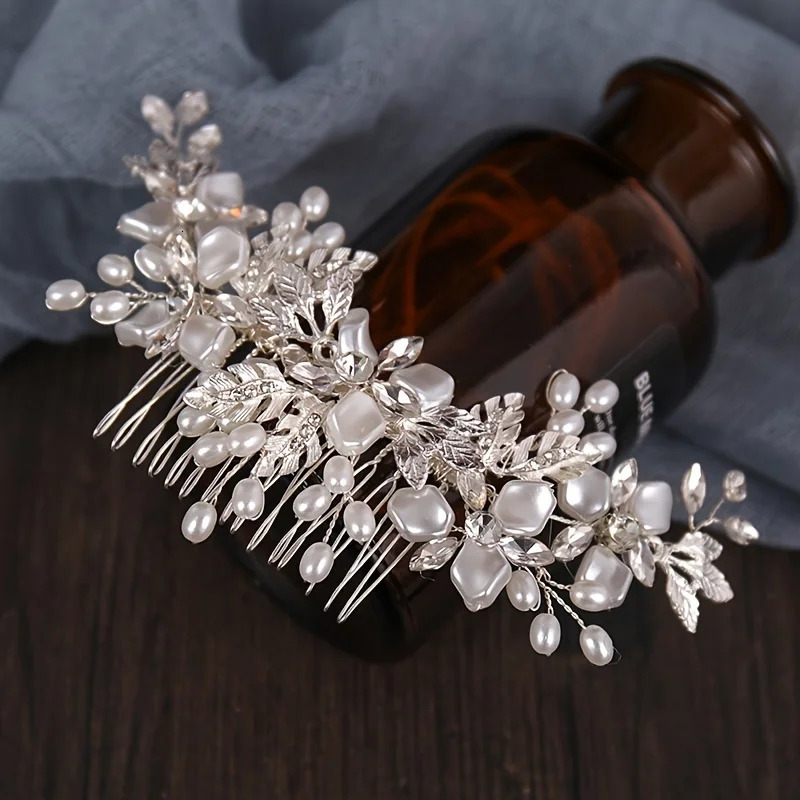 Silver pearl crystal Tiaras hair comb for wedding hair accessories bridal hair jewelry elegant womens headwear 250407