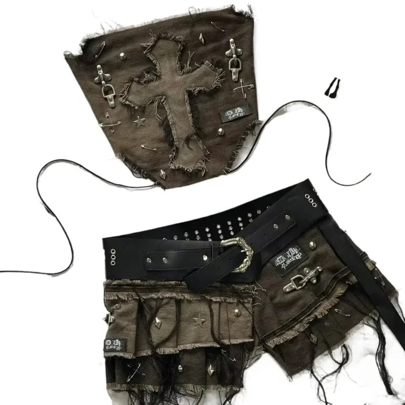 American Y2K Hip Hop Trend Sexy Women Suit Street Casual Joker Top Slim Slimming Denim Shorts Harajuku Chick Shorts Sets 250407