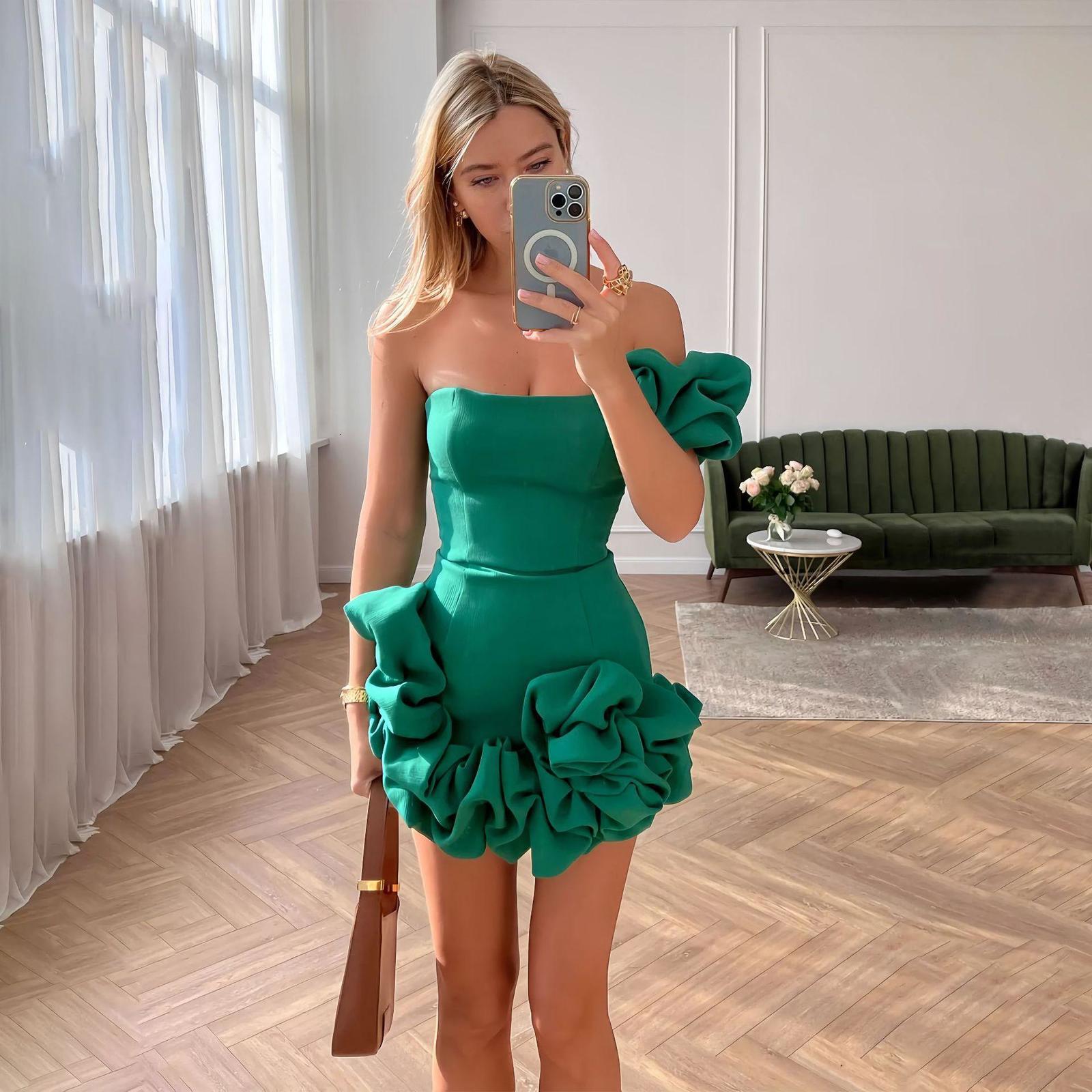 Ellafads Maxi Dress Womens Summer Elegant Bandeau Sleeveless Folded Strapless Solid Irregular Party Holiday Dress 240930