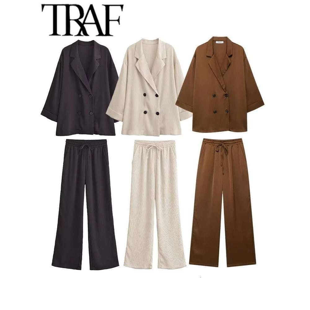 TRAF ROBE Y2k Women Sets Wide Leg Pants 2025 Spring Wrinkle Effect Oversize Office Jacket Coat Loose Blazer Suits OL Outfits