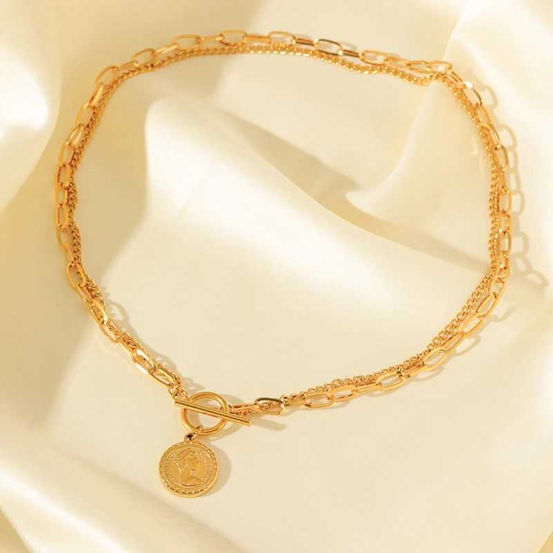 EILIECK 316L stainless steel gold portrait coin necklace set for womens trendy flow OT buckle waterproof jewelry Y250408