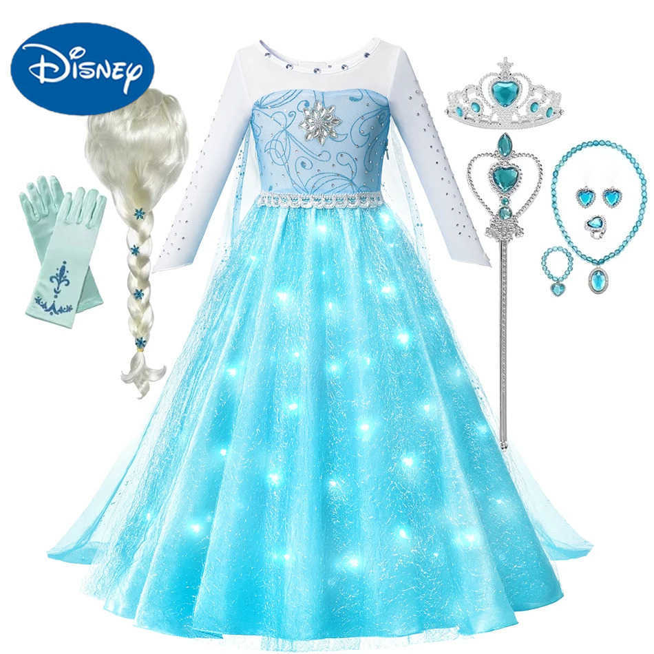 Disney Elsa Snow Queen Princess Girl LED Light Up Dress Halloween Carnival Costume Party Childrens Role Playing Childrens Clothing X250408