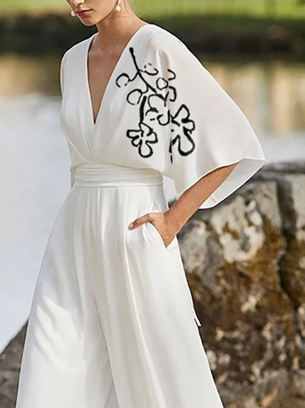 Modigirl summer white womens long pants jumpsuit with printed pleated pockets half sleeves dark Vneck 250407