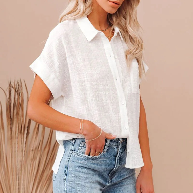 Fashion Cotton Linen Womens Shirts Casual Loose Short Sleeve Women Blouses Button Up Summer Woman Tops White Clothes 21929 250408