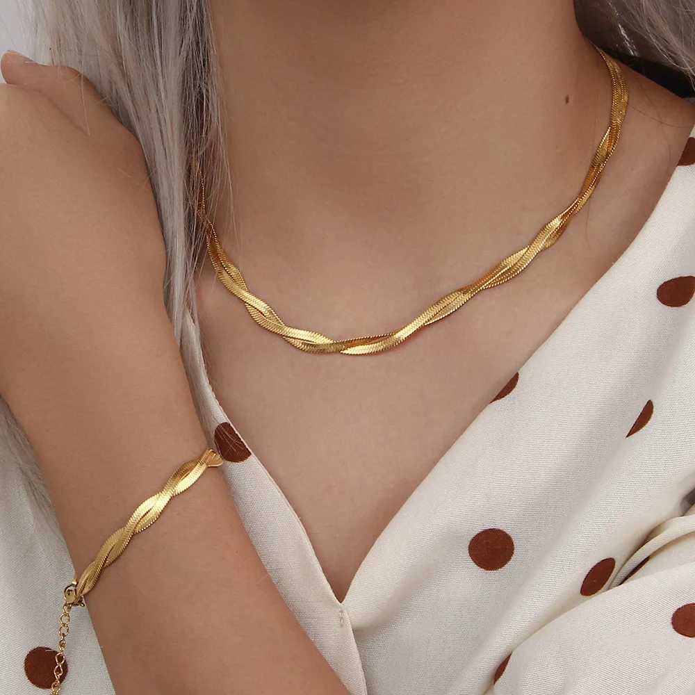 Gold plated waterproof woven new style chain necklace bracelet set wholesale stainless steel jewelry Y250408
