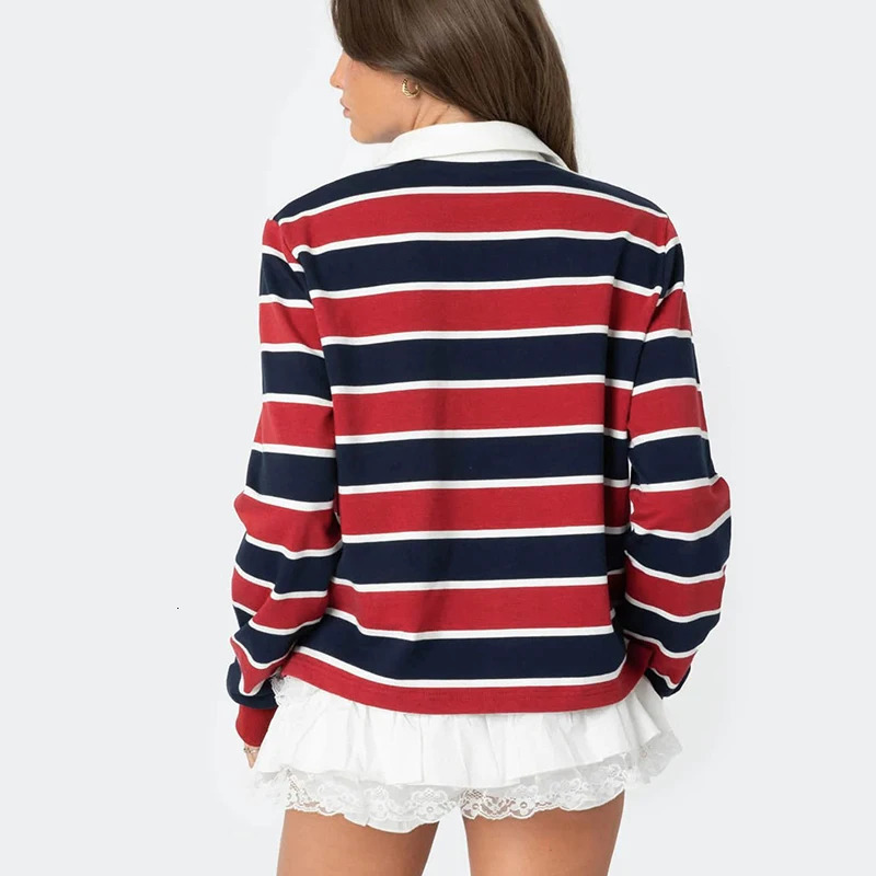CUTENOVA Autumn Striped Polo Shirt Womens Fashionable Long Sleeve Sportwear Harajuku Pullover Casual Wear Base Shirt 250408