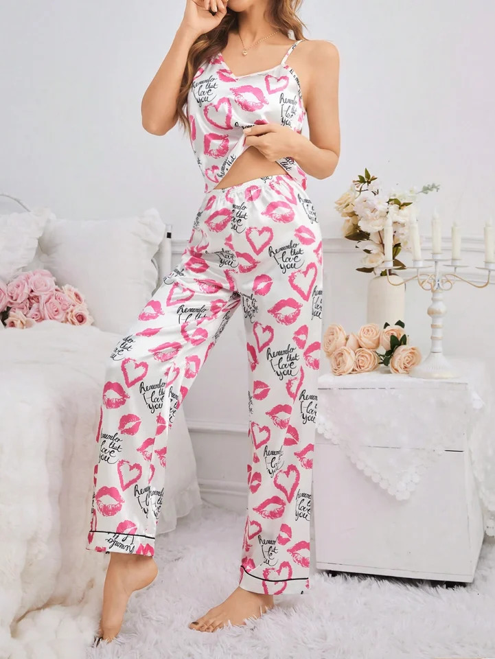 ious Summer Pajama Set Satin Sleepwear Set Soft Womens Pajamas Sexy Cami with Pants Lip Print Pajamas 250408