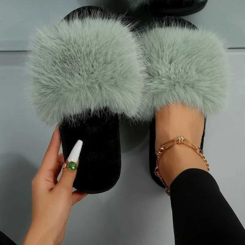 Winter 2024 womens Fi fur slider fluffy cute plush womens luxury outdoor non slip durable flat bottom sliderXJ250407