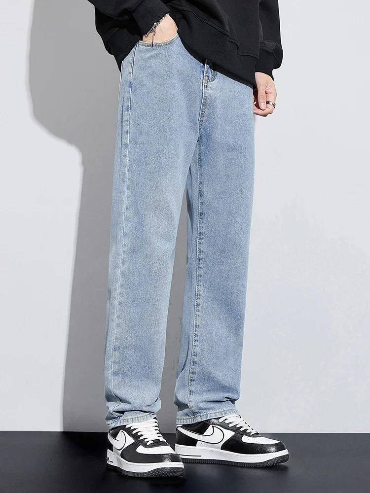 autumn mens bag jeans street fashion wide legs denim Trousers straight and comfortable casual pants 250401