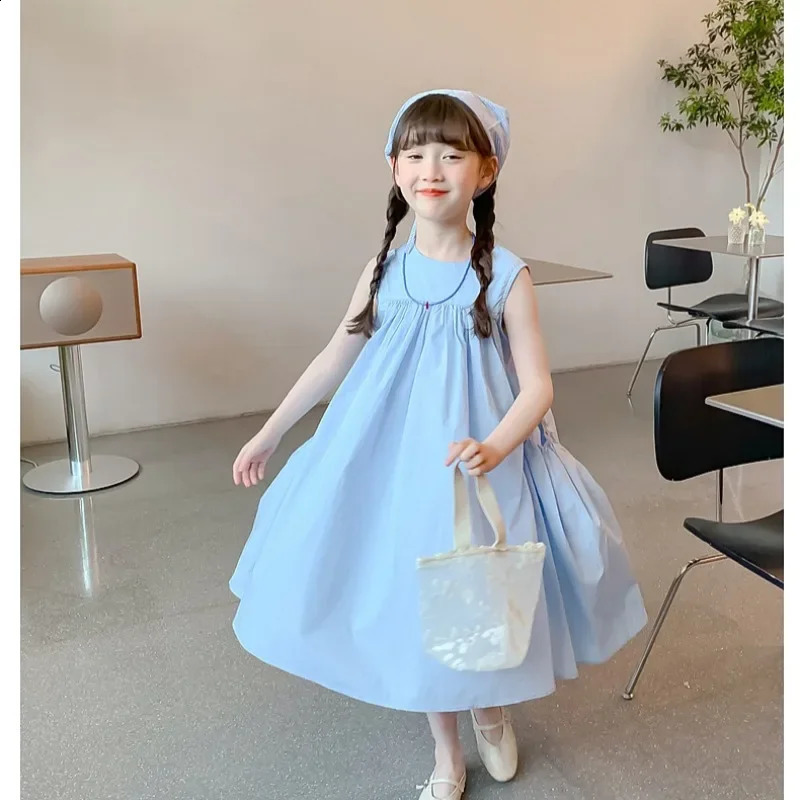 Arrival Sweet Girls Dress For Summer 2 3 4 5 6 7 8 9 10 11 12 Year Sleeveless Solid Color Blue Child Dresses With Pockets 250408