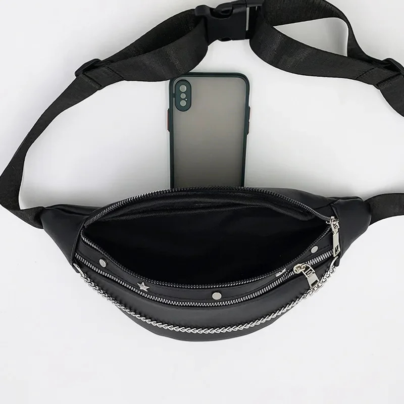 Punk Style Womens Waist Bag PU Leather Black Chest Bag Chain Banana Fun Bag Womens Waist Bag 1 Piece 250402