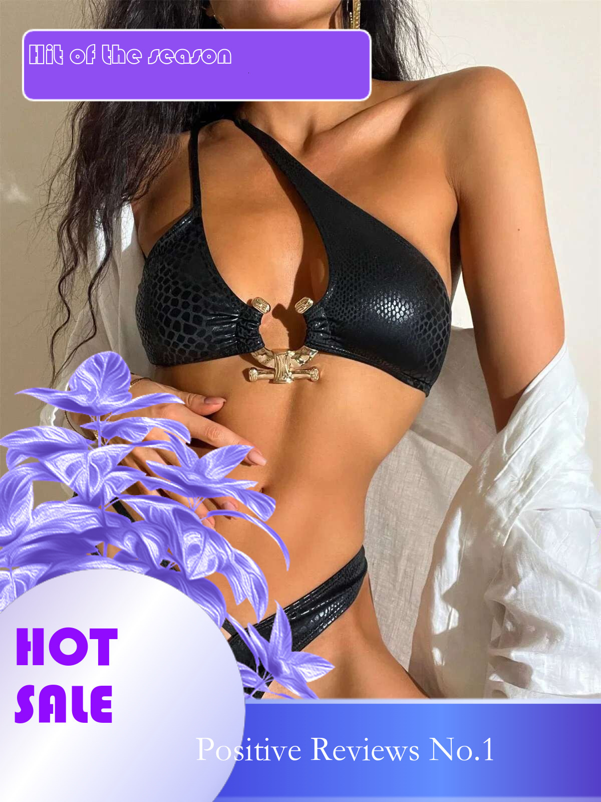 Dongdumaoyi Sexy Bronzing Black Bikini Women One Shoulder Snake Print Metal Ring High Waist Swimsuit Bathing Suit Rhinestone Swimwear