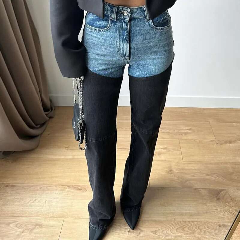Trendy Women's High Waist Straight Leg Denim Jeans Pant Blue Black Patchwork Comfortable Fit Casual Daily Streetwear Trousers