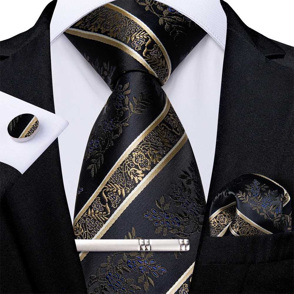 Mens Tie Set with Clip Luxury Retro Striped Floral 8cm Necktie Handkerchief Cufflinks Wedding Party Business Accessories Gift X250407