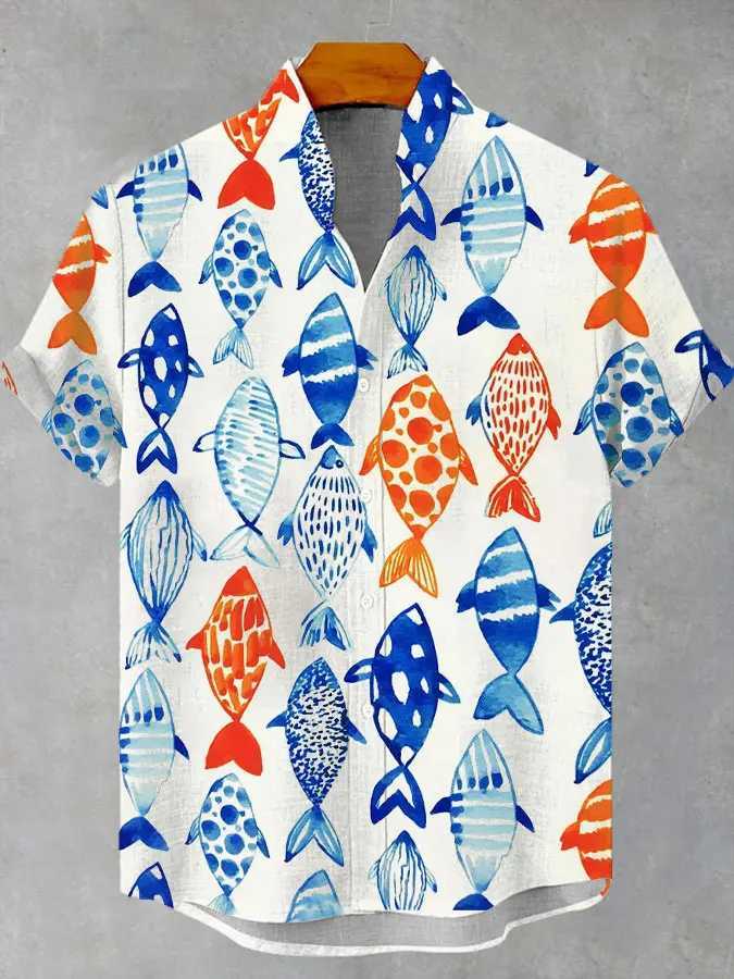 Mens casual ocean lifestyle graphic short sleeved shirt button up collar shirt oversized top casual Hawaiian mens shirtXJ250407