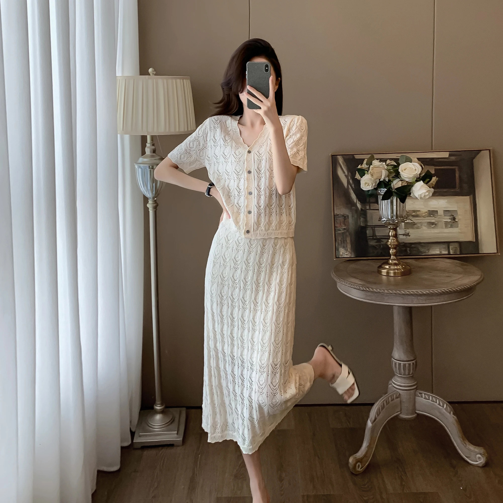 Elegant retro knitted long skirt womens hollow button top Maxi dress summer crochet womens 2-piece set 250401