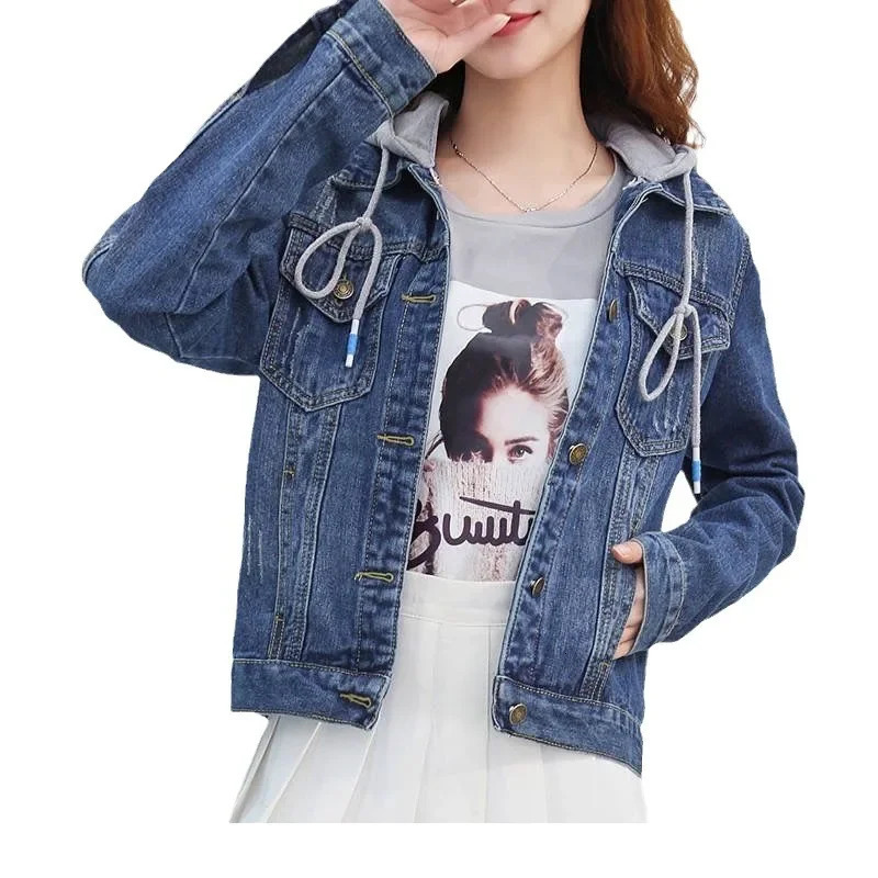 Womens short denim jacket long sleeved hoodie slim fit springsummer Korean retro student top 250407