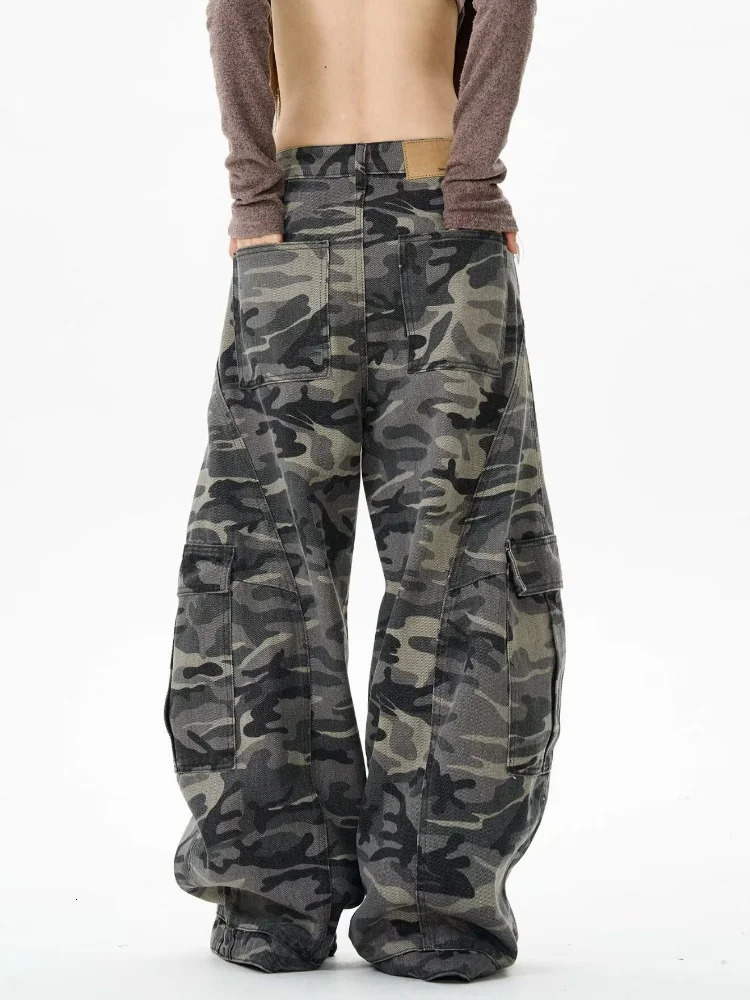 Garbage Y2K Street Camouflage Luggage Womens Jeans 90s Retro Clothing Wide Leg Underwear Trousers 250407