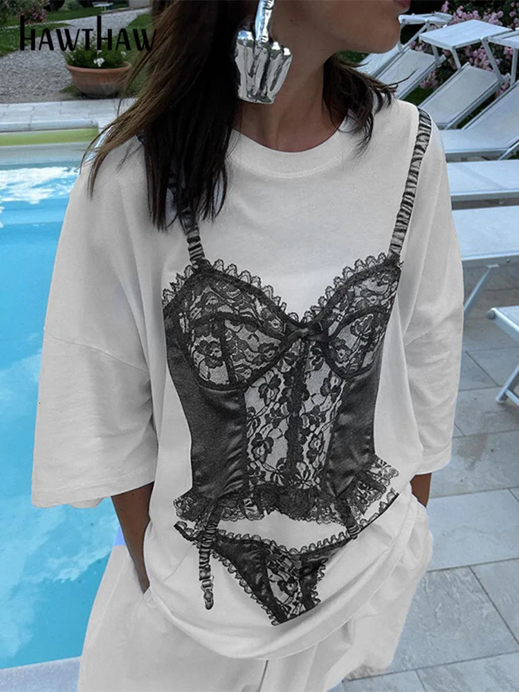 Hawshaw Womens Short sleeved Graphic Streetwear White T-shirt Top Tees Shirt Summer Clothing Wholesale Products 250402