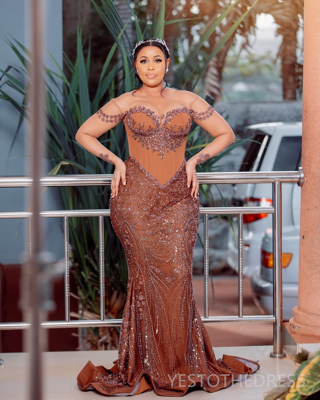 2025 Plus Size Brown Prom Dress Mermaid Prom Dresses Evening Formal Gowns For Special Occasions Sheer Neck Beaded Lace Birthday Second Reception Gowns