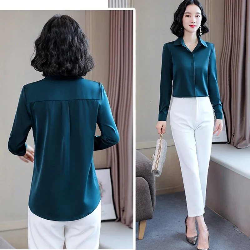 Womens Silk Office Shirt Fashion Long Sleeve Casual Womens Top Elegant Womens Retro White Satin Shirt Oversized 250402