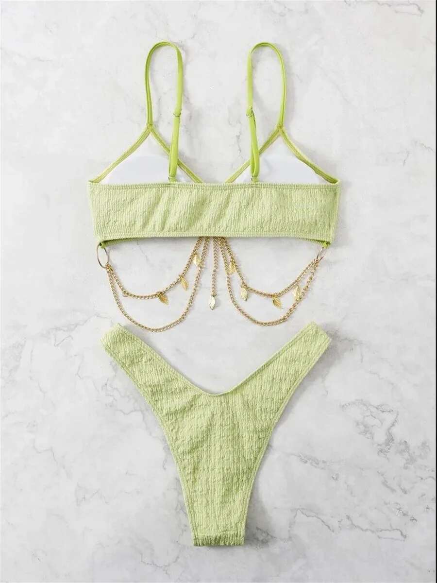Dongdumaoyi Sexy Metal Chain Bikini Set Women Solid Black Green Ring Linked Micro Swimsuit Summer Bathing Suit Thong Swimwear Biquini