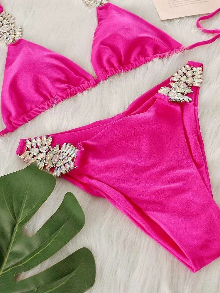 Dongdumaoyi Sexy Rhinestone Bikini Women Luxury Hot Pink Diamond Push Up Thong Swimsuit Summer Bathing Suit Two Piece Biquini