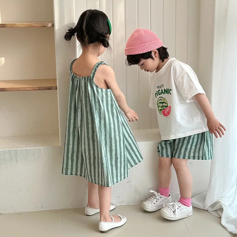 Childrens Summer Clothes Set Boys Pure Cotton Striped Tee and Shorts 2pcs Suit Cute Girls Suspenders Dress Siblings Outfit 250407